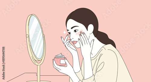 Elegant woman applying facial cream in front of a mirror in a beauty routine setting showcasing