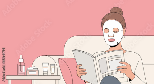 Illustrated scene depicts a woman relaxing with a face mask and book enjoying a self care moment
