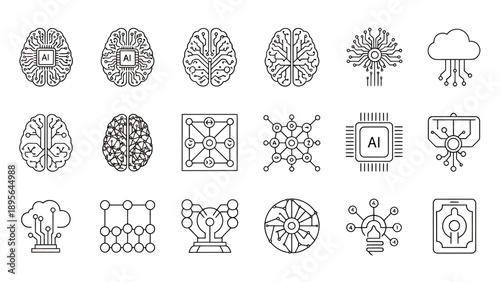Collection of brain icons and scientific symbols in a vector style.
