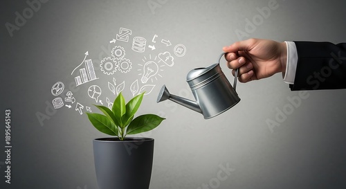 Businessman watering a potted plant with money growing out of it