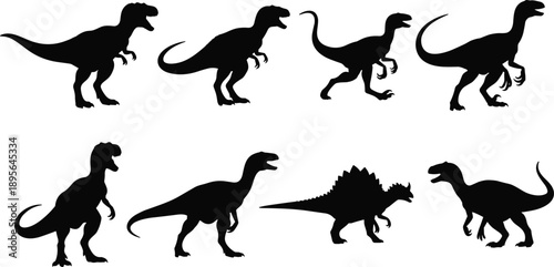 Dinosaur silhouette icon set featuring prehistoric reptiles in different poses black vector collection isolated on white background