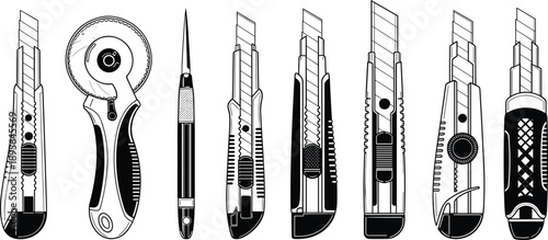 Collection of Professional Utility Knife Silhouettes Featuring Various Box Cutters Rotary Blades and Craft Scalpels for Office Supplies Stationery DIY and Industrial Cutting Tools,