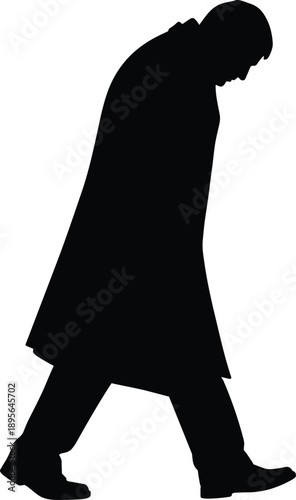 Side View Black Silhouette of a Man Wearing a Long Coat and Trousers Walking for Fashion Lifestyle and Human Motion,