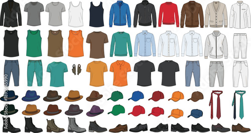 Men clothing collection set with shirts jackets pants hats shoes accessories casual formal outfits isolated flat vector bundle