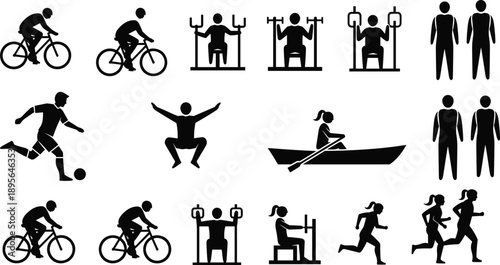Collection of Sports and Fitness Icon Silhouette Vector Illustration Set, People Cycling Running Rowing Playing Soccer and Gym Workout for Active Healthy Lifestyle Design