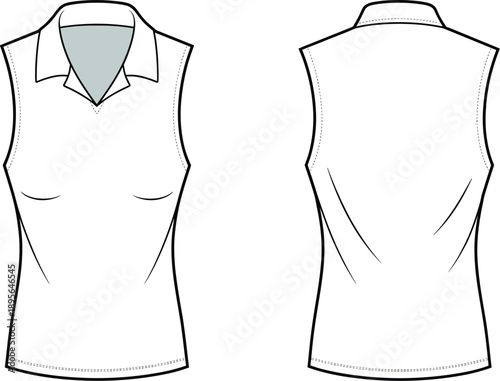 Technical fashion flat sketch of sleeveless collared shirt with princess seams, bust darts, curved hem, front and back views