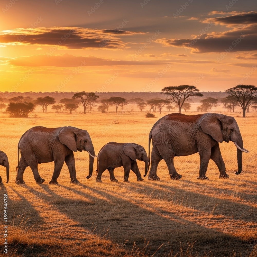 Fototapeta premium Elephant family walking across the African savanna at sunset.
