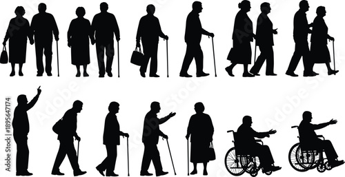 Senior elderly people silhouettes walking with cane and wheelchair mobility support aging healthcare retirement lifestyle vector illustration collection