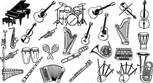 Black and White Line Art Illustration of Assorted Musical Instruments for Music Industry