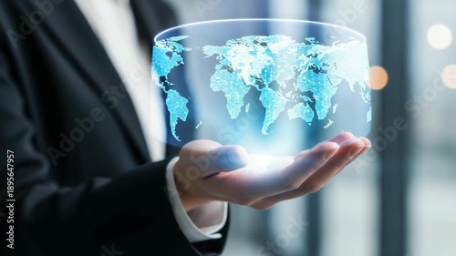 Hand holding digital world map projection business concept