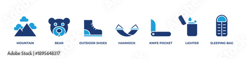 Mountain Wilderness Icons set vector illustration blue with Mountain, Bear, Outdoor shoes, Hammock, Knife pocket, Lighter, Sleeping bag