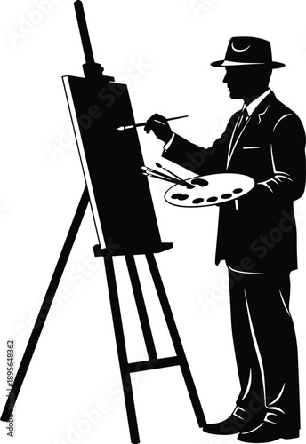 Classic silhouette artist painting on easel with palette and brush creative studio workshop professional painter artwork design black vector illustration