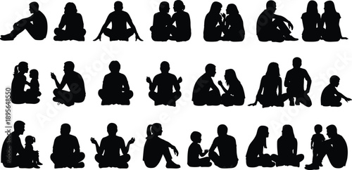 Family and children silhouettes sitting together talking playing and bonding isolated black figures parenting lifestyle education vector illustration set