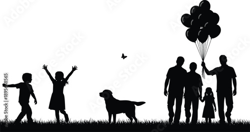 Happy family silhouettes walking with children dog and balloons in park outdoor lifestyle love bonding nature vector illustration