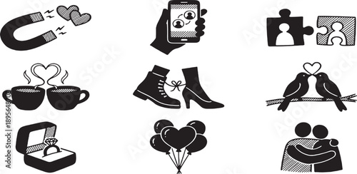 Collection of icons representing love, relationships, and romance, including a magnet attracting hearts, coffee cups, a ring, birds, puzzle pieces, and people hugging.
