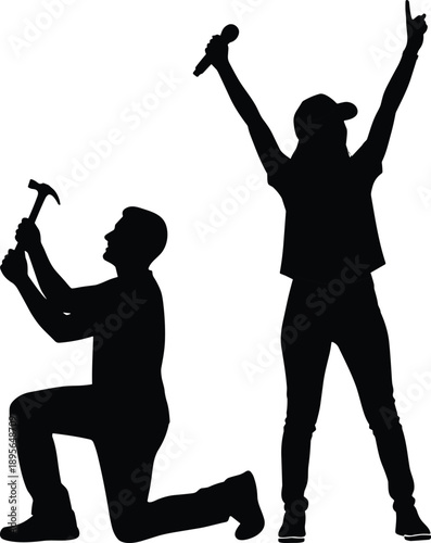 Black silhouettes of a kneeling man with a hammer and a cheering woman holding a microphone isolated on white background