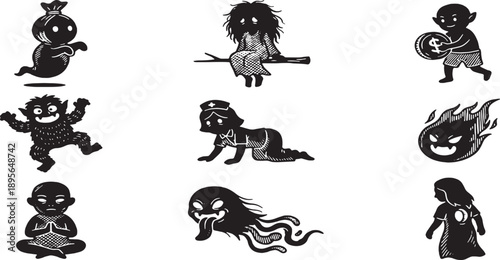 Collection of Nine Spooky and Cute Cartoon Ghosts and Monsters in Black and White.