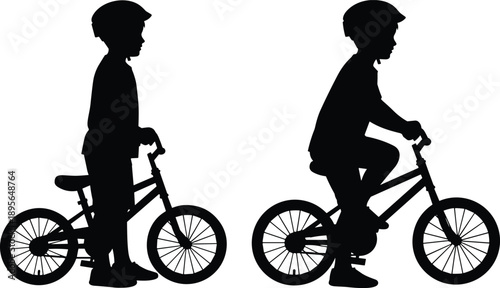 Collection of black silhouettes featuring parents and children walking playing skating and riding a bicycle isolated on white background
