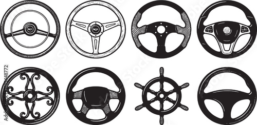 Collection of diverse steering wheels, including vintage car, modern car, and ship's wheel designs.