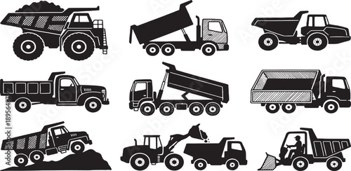 Collection of various construction and dump trucks in silhouette, representing heavy machinery and transport.