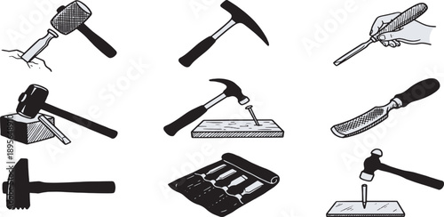 Collection of various hammers and chisels used for construction, carving, and repair work.