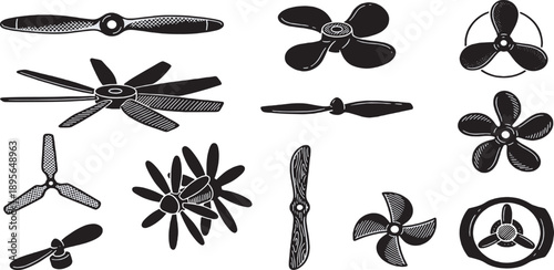 Collection of various propeller designs for aircraft and boats, showcasing different blade counts and shapes.