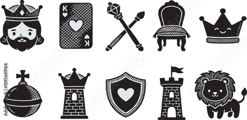 Collection of royal and fantasy icons including crowns, king, scepter, throne, playing card, shield, castle, and lion.