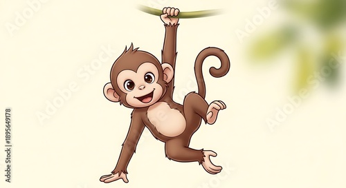 A cartoon monkey hanging from a branch with a joyful expression in a digital illustration.