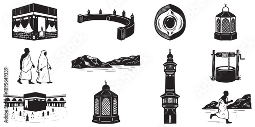Collection of Islamic cultural symbols and landmarks, including the Kaaba, minaret, and pilgrims in traditional attire.