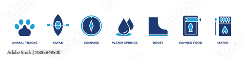 Trail to Adventure Icons set vector illustration with Animal tracks, Kayak, Compass, Water springs, Boots, Canned food, Match