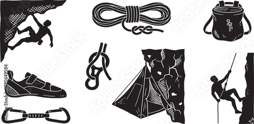 Collection of black and white vector illustrations depicting rock climbing equipment and activities.