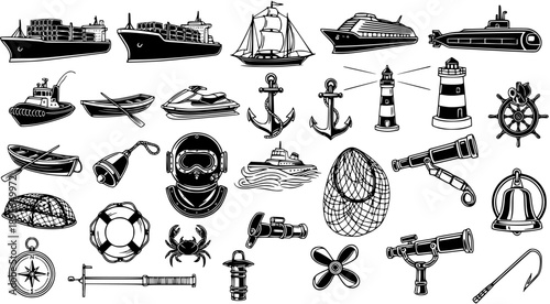 Nautical and Maritime Elements Collection in Black and White Engraving Line Art Style