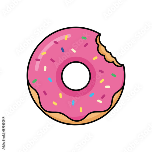 Pink Glazed Donut Icon with Sprinkles Bitten Cartoon Style