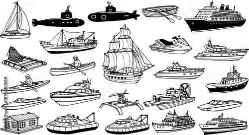 Boats and Ships Black  White Line Art Collection: Hand-drawn Sketch Icons of Marine Transport, Travel, and Nautical Vehicles