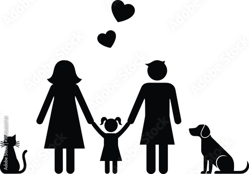 Family silhouette with two parents and child holding hands with dog and cat pets, love hearts, happy home relationship concept