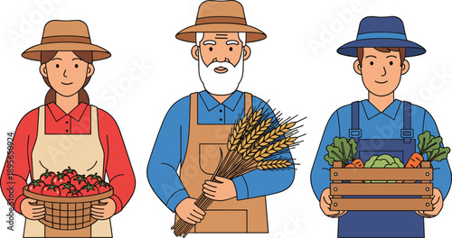 Farmer illustration showing agricultural workers with vegetables, tomatoes and wheat harvest symbolizing organic farming, local food production and sustainable agriculture concept