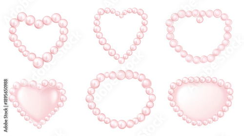 A set of pink pearl hearts and circles on transparent background