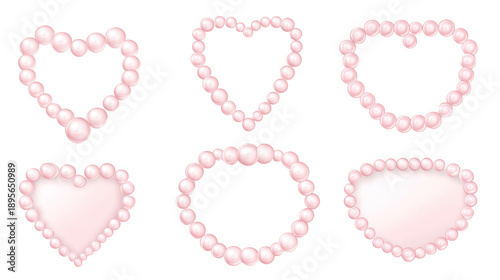 A set of pink pearl hearts and circles on transparent background