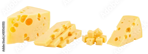 Obraz  z motywem a curated selection of authentic swiss cheese in various forms, including a large wedge