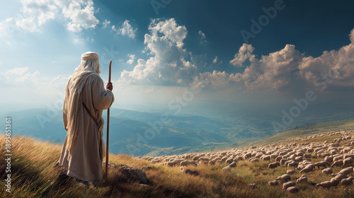 Shepherd in traditional clothing watches over large flock of sheep on grassy hillside under dramatic cloudy sky with distant mountains