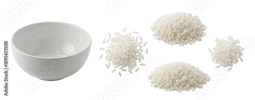 Fotografie top view of a white bowl and scattered uncooked rice grains on a transparent background, symbolizing basic ingredients for cooking, culinary preparation, and food resources
