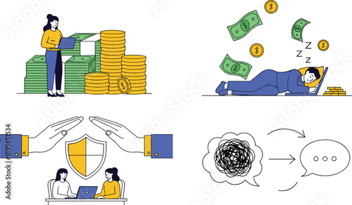 Financial management, passive income, money protection, and stress relief concepts illustrated with modern business characters, savings icons, security shield, and communication symbols