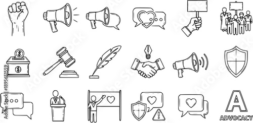 Advocacy and Social Justice Doodle Line Art Icons Set. Hand drawn symbols for activism, communication, law, protest, support, and public speaking.