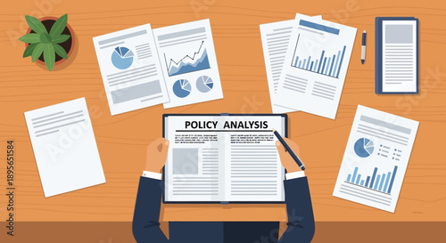 Businessman analyzing market trends and policy updates from various reports and graphs on a wooden desk