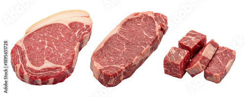 Tableau sur toile two large, uncooked marbled beef steaks and three pieces of suet arranged on a clean transparent background