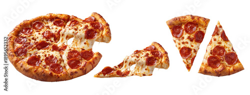 Canvas Print a whole pepperoni pizza with gooey cheese stretches and several cut slices, presented dynamically, ideal for food advertising and culinary websites