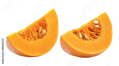 Tableau sur toile two radiant orange pumpkin slices with exposed seeds and pulp, beautifully isolated on a pure transparent background, evoking autumn and healthy seasonal eating