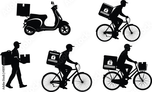 Food delivery rider silhouettes with bicycle and scooter couriers carrying packages, modern courier service illustration set, vector transportation artwork for stock