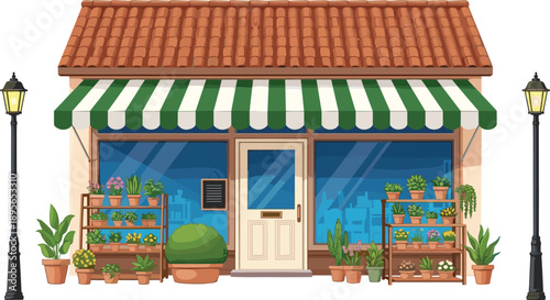 Flower shop storefront illustration with plants and pots, small business exterior, floral display design, botanical store facade graphic for commercial use