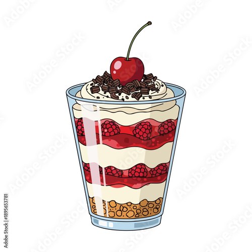 Layered dessert parfait with raspberries whipped cream chocolate and a cherry